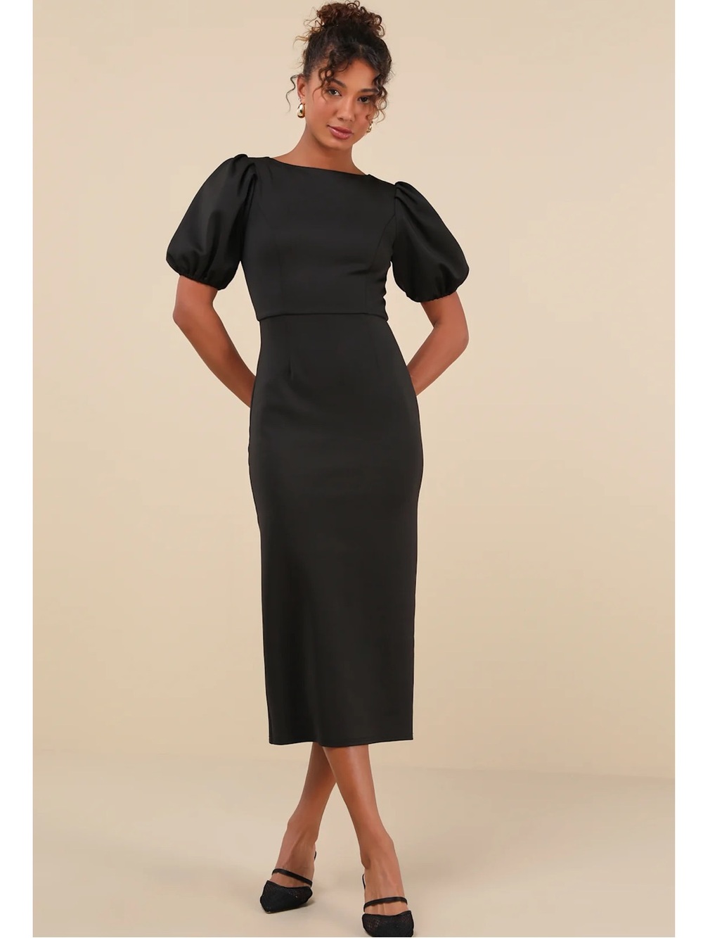 Lulus Simply Beloved Black Puff-Sleeve Bodycon Midi Dress Medium NWT
